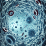 DALL·E 2025-03-18 15.19.21 – A hyperrealistic 3D rendering of vascular endothelial cells viewed from inside an artery, with a blue color scheme and lymphocytes circulating through